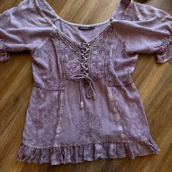 Papa Vancouver Purple Lace Flowy Top Fairycore Boho Romantic Embroidered Blouse - Picture 9 of 12